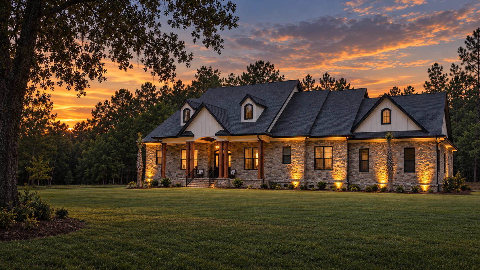 Natural-stone custom home viewed from a three-quarter angle at dusk with warm architectural lighting